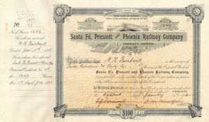 Santa Fe, Prescott and Phoenix Railway Co. - 1890's dated Territory of Arizona Railroad Stock Certificate