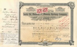 Santa Fe, Prescott and Phoenix Railway Co. - Territory of Arizona Railroad Stock Certificate