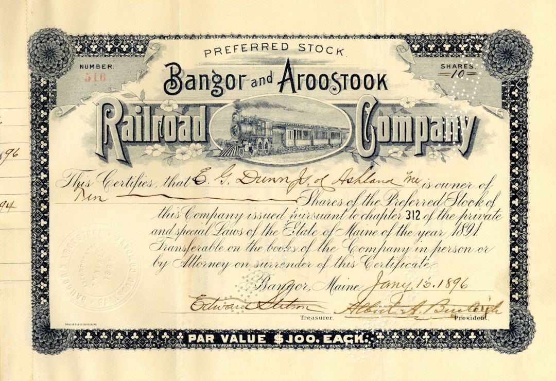 Bangor and Aroostook Railroad Co. - Railway Stock Certificate