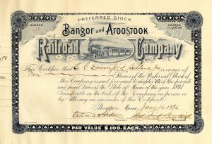 Bangor and Aroostook Railroad Co. - 1896 dated Maine Railway Stock Certificate