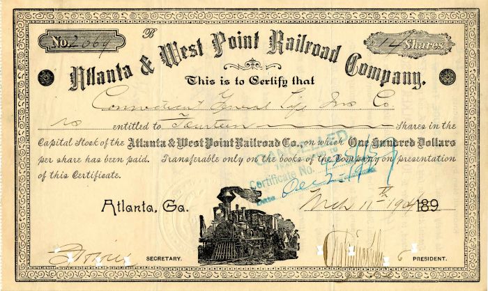 Atlanta and West Point Railroad Co. - Stock Certificate