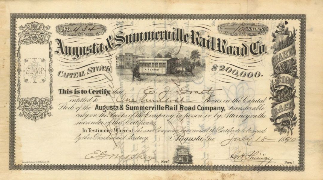 Augusta and Summerville Rail Road Co. - 1890 or 1891 dated Stock Certificate