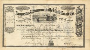 Augusta and Summerville Rail Road Co. - 1890 or 1891 dated Stock Certificate