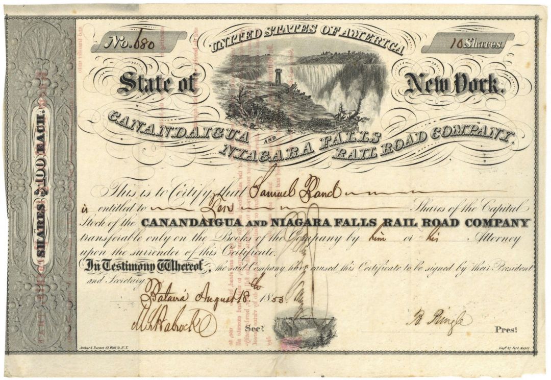 Canandaigua and Niagara Falls Railroad Co. - New York Railway Stock Certificate