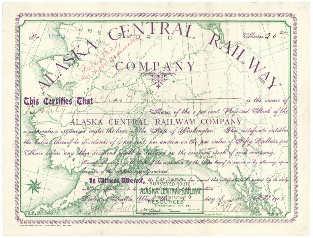 Alaska Central Railway Co. - 1903 dated Alaskan Railroad Stock Certificate