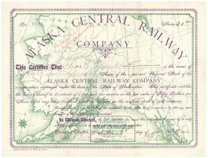 Alaska Central Railway Co. - 1903 dated Alaskan Railroad Stock Certificate