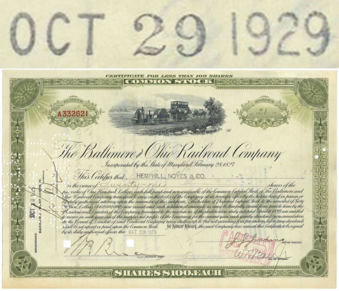 October 29, 1929 dated Baltimore and Ohio Stock Certificate - Great Stock Market Crash