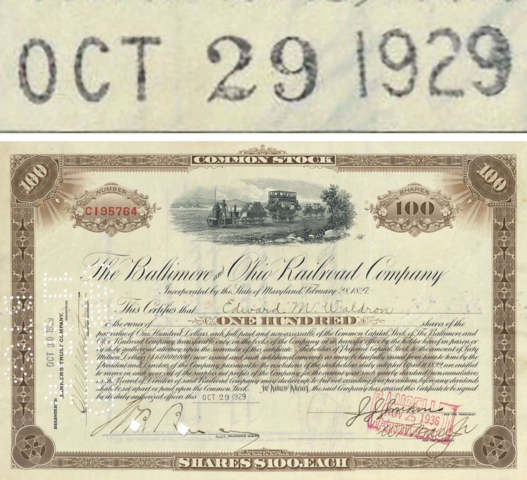 October 29, 1929 dated Baltimore and Ohio Stock Certificate - Great Stock Market Crash