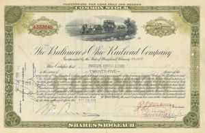 October 29, 1929 dated Baltimore and Ohio Stock Certificate - Great Stock Market Crash - October 29, 1929 dated the day of the Great Stock Market Crash - October 29, 1929 dated Railroad Stock Certificate
