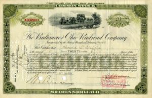 Baltimore and Ohio Stock Certificate dated the day of the "Great Stock Market Crash" - October 29, 1929