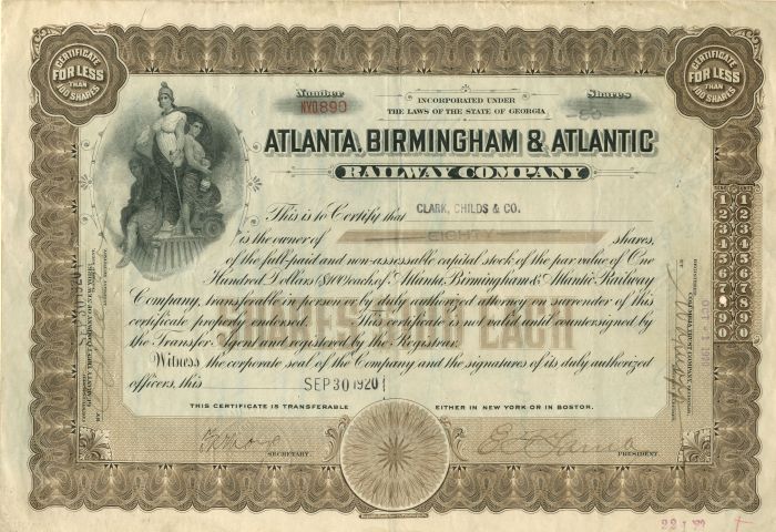 Atlanta, Birmingham and Atlantic Railway Co. - Stock Certificate