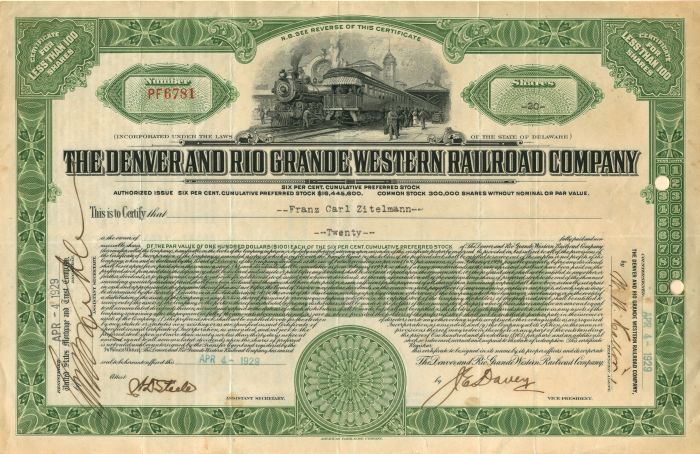 Denver and Rio Grande Western Railroad Co. - Stock Certificate