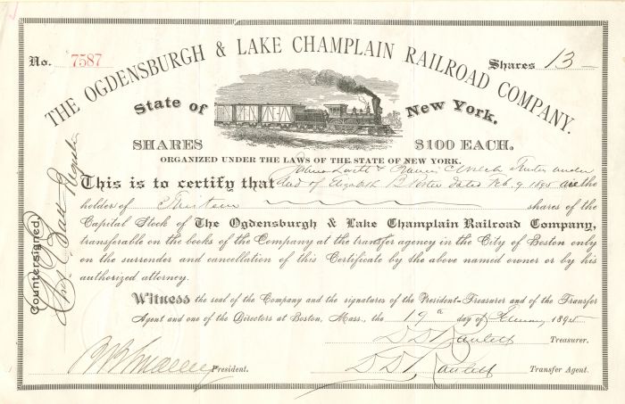 Ogdensburgh and Lake Champlain Railroad Co. - Stock Certificate