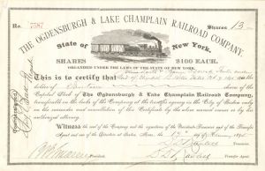 Ogdensburgh and Lake Champlain Railroad Co. - Stock Certificate