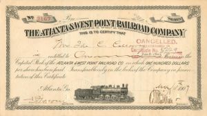 Atlanta and West Point Railroad Co. - 1907 dated Railway Stock Certificate