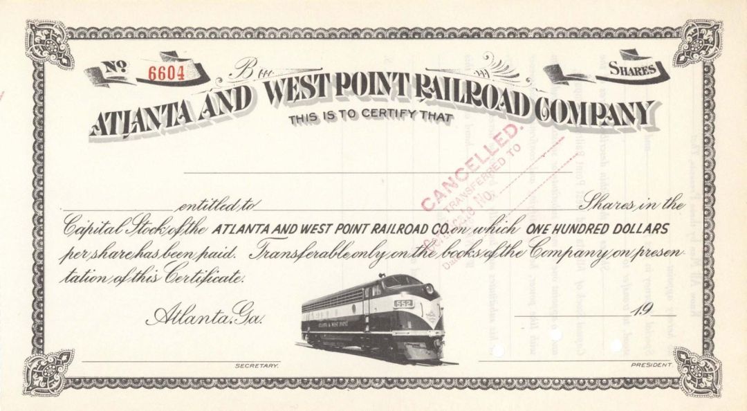 Atlanta and West Point Railroad Co. - Unissued Railway Stock Certificate