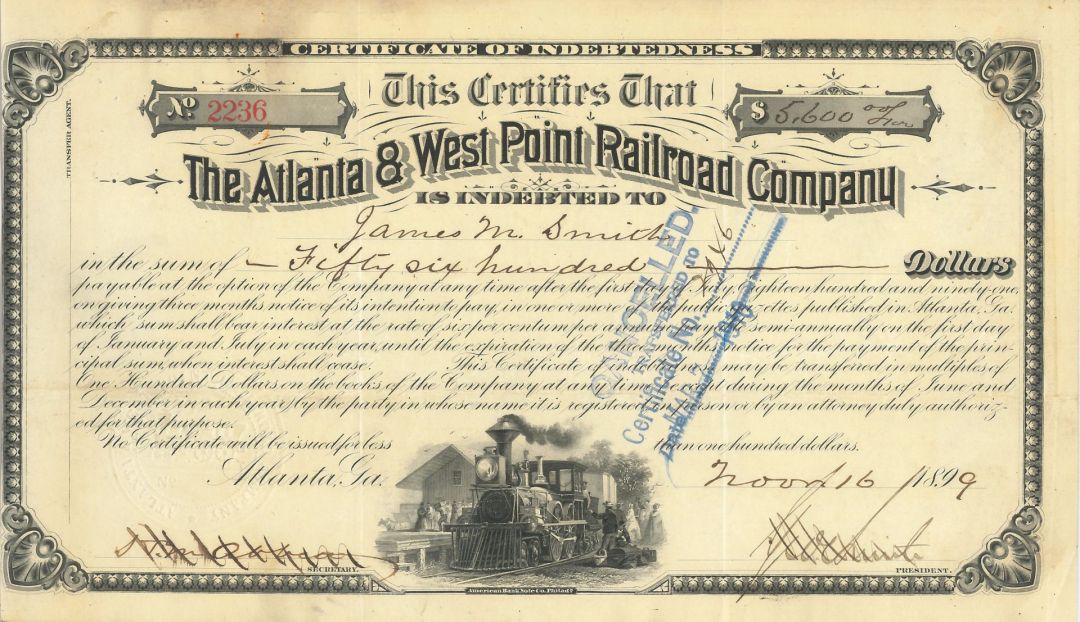 Atlanta and West Point Railroad Co. - 1881-1904 dated Railway Bond - Certificate of Indebtedness - Various Denominations