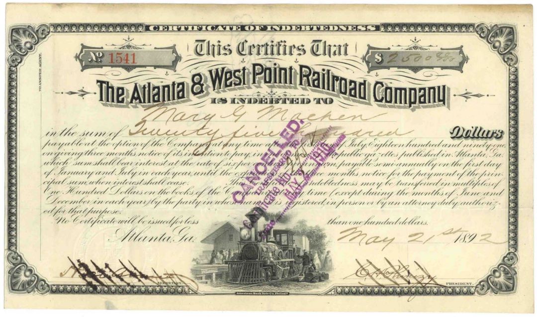 Atlanta and West Point Railroad Co. - Railway Bond - Various Denominations