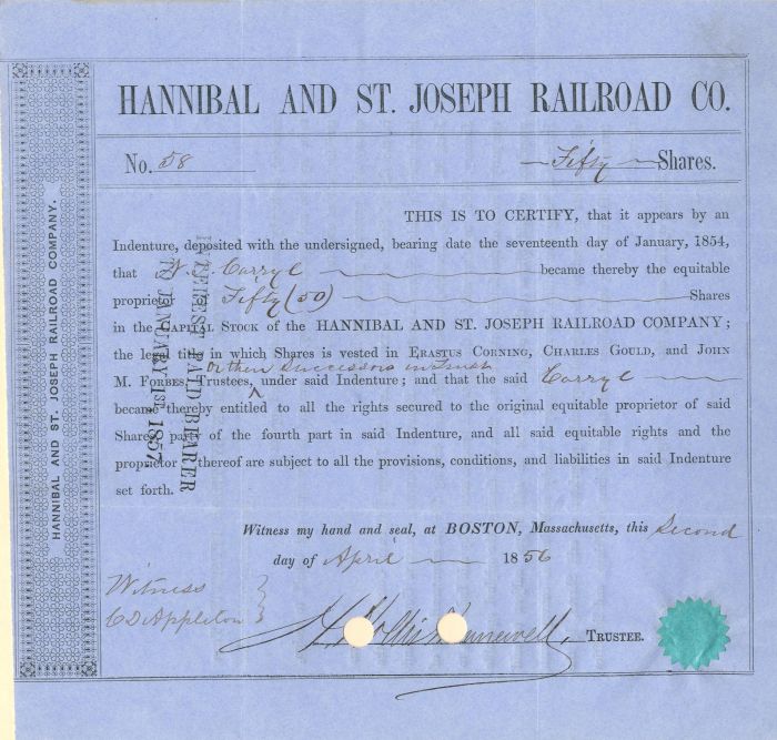 Hannibal and St. Joseph Railroad Co. - Stock Certificate