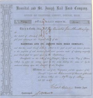 Hannibal and St. Joseph Railroad Co. - 1858 dated Railway Stock Certificate