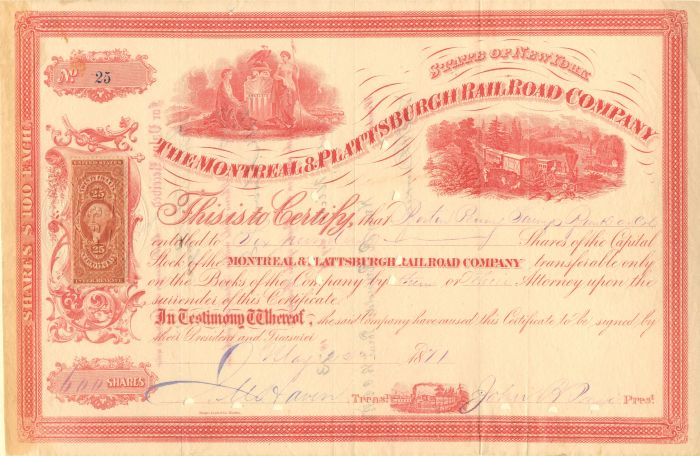 Montreal and Plattsburgh Railroad Co. - Stock Certificate