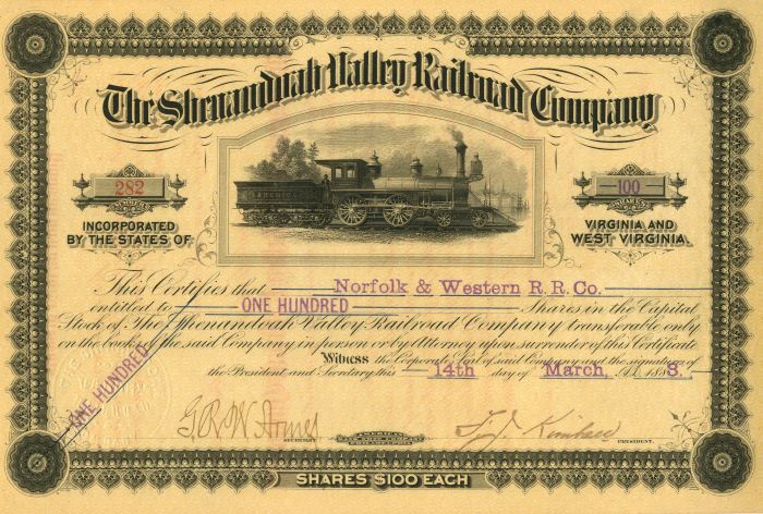 Shenandoah Valley Railroad Co. - Stock Certificate