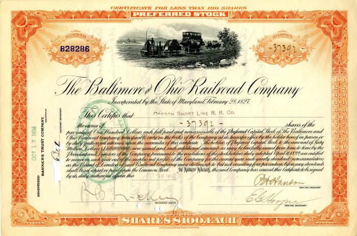 Baltimore and Ohio Railroad Co. Issued to Oregon Short Line R.R. Co. - Stock Certificate
