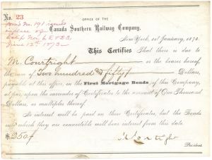 Canada Southern Railway Co. - 1878 dated Railroad Certificate towards Convertible Interest Bearing Bonds