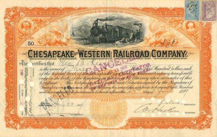 Chesapeake and Western Railroad Co. - 1899 dated Railway Stock Certificate
