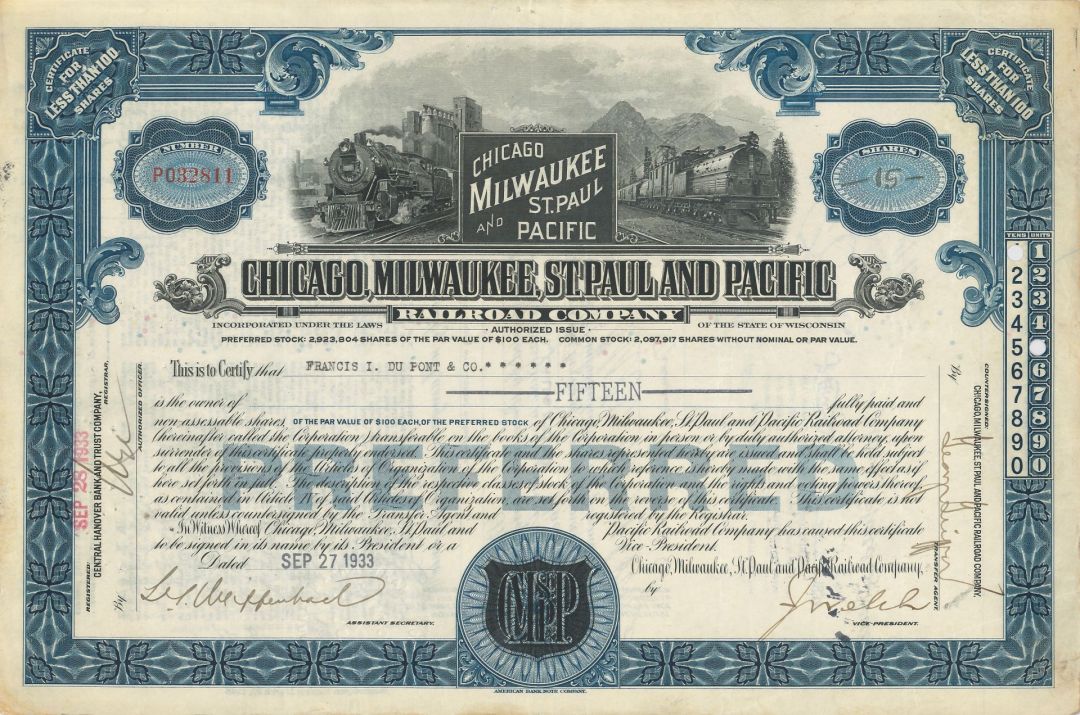 Chicago, Milwaukee, St. Paul and Pacific Railroad Co. - dated 1930-1935 Railway Stock Certificate