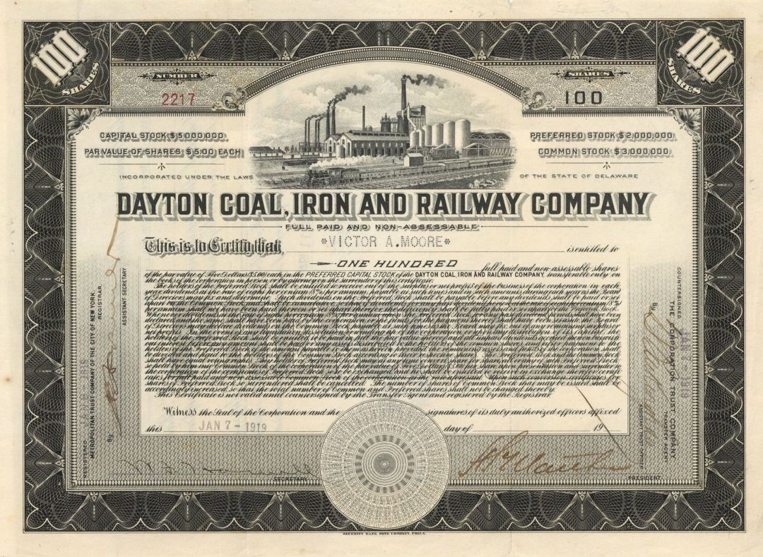 Dayton Coal, Iron and Railway Co. - 1919 dated Railroad and Mining Stock Certificate