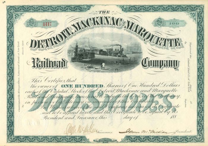Detroit, Mackinac and Marquette Railroad Co. - Stock Certificate