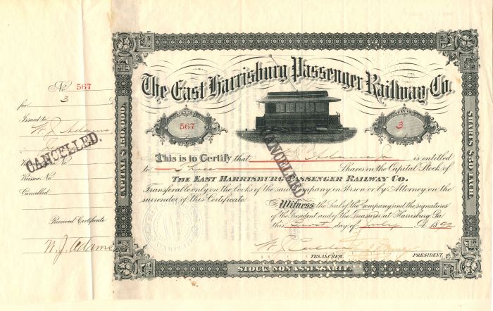 East Harrisburg Passenger Railway Co. - Stock Certificate