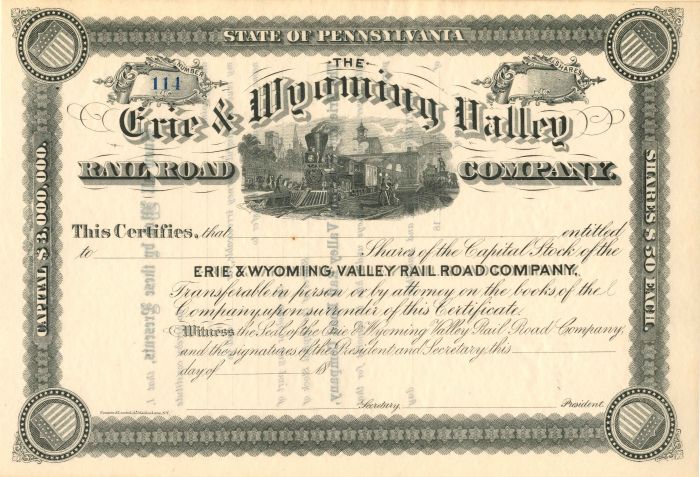 Erie and Wyoming Valley Railroad Co. - Stock Certificate
