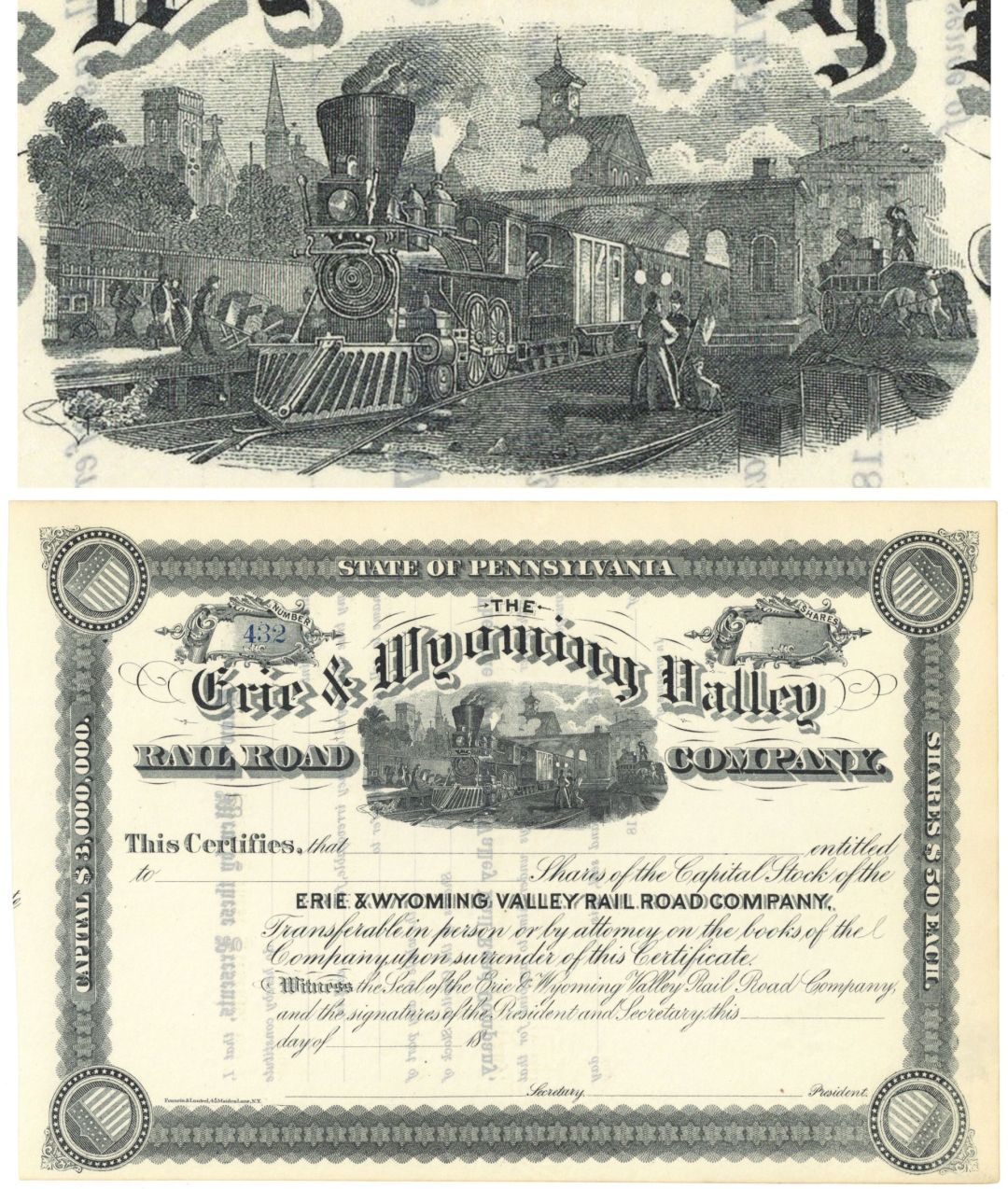 Erie and Wyoming Valley Railroad Co. - 1800's dated Unissued Railway Stock Certificate