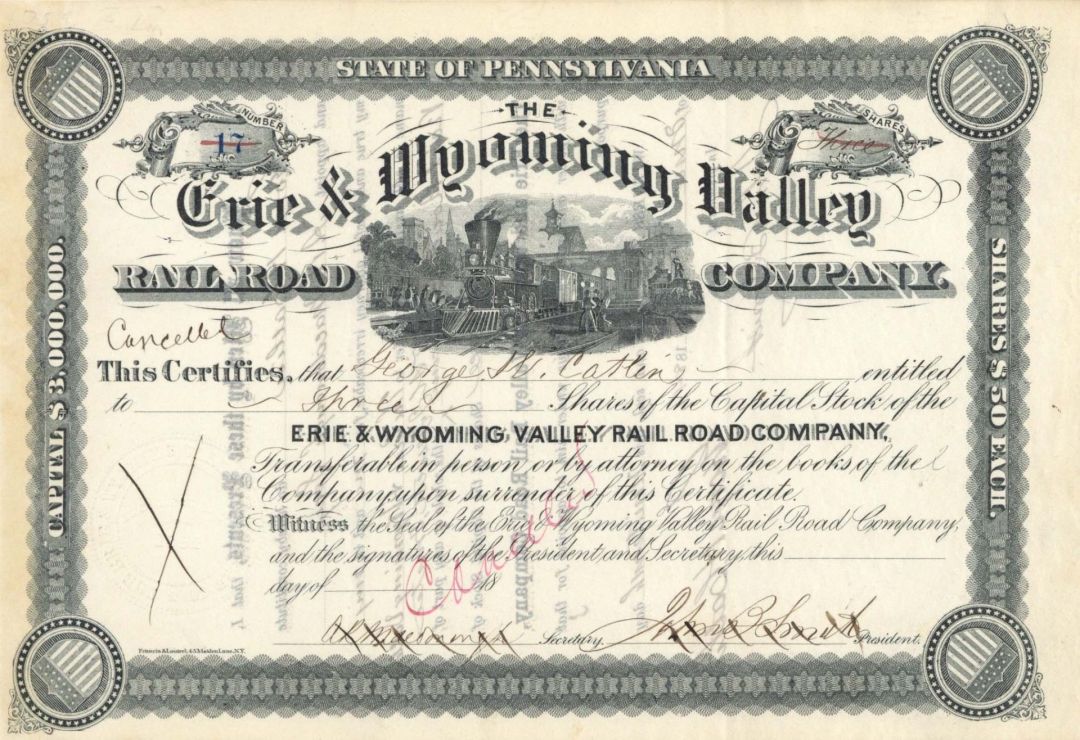 Erie and Wyoming Valley Railroad Co. - 1800's dated Stock Certificate