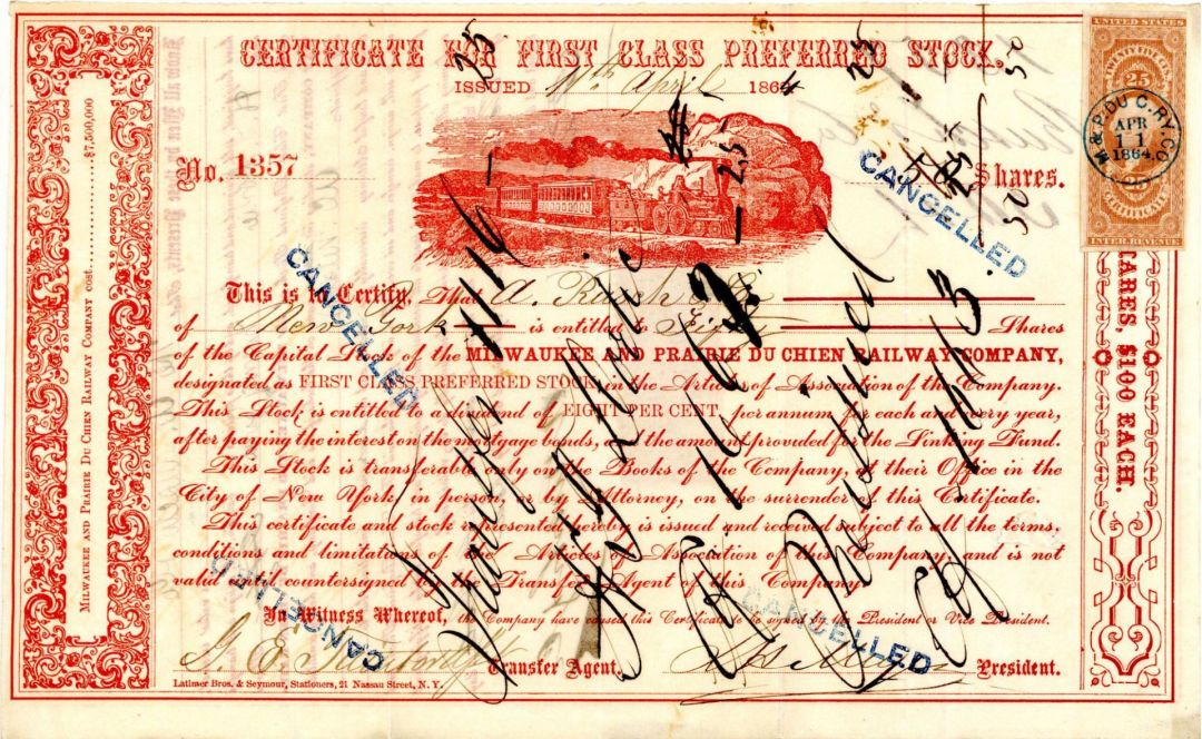 Milwaukee and Prairie Du Chien Railway Co. - 1864 Stock Certificate
