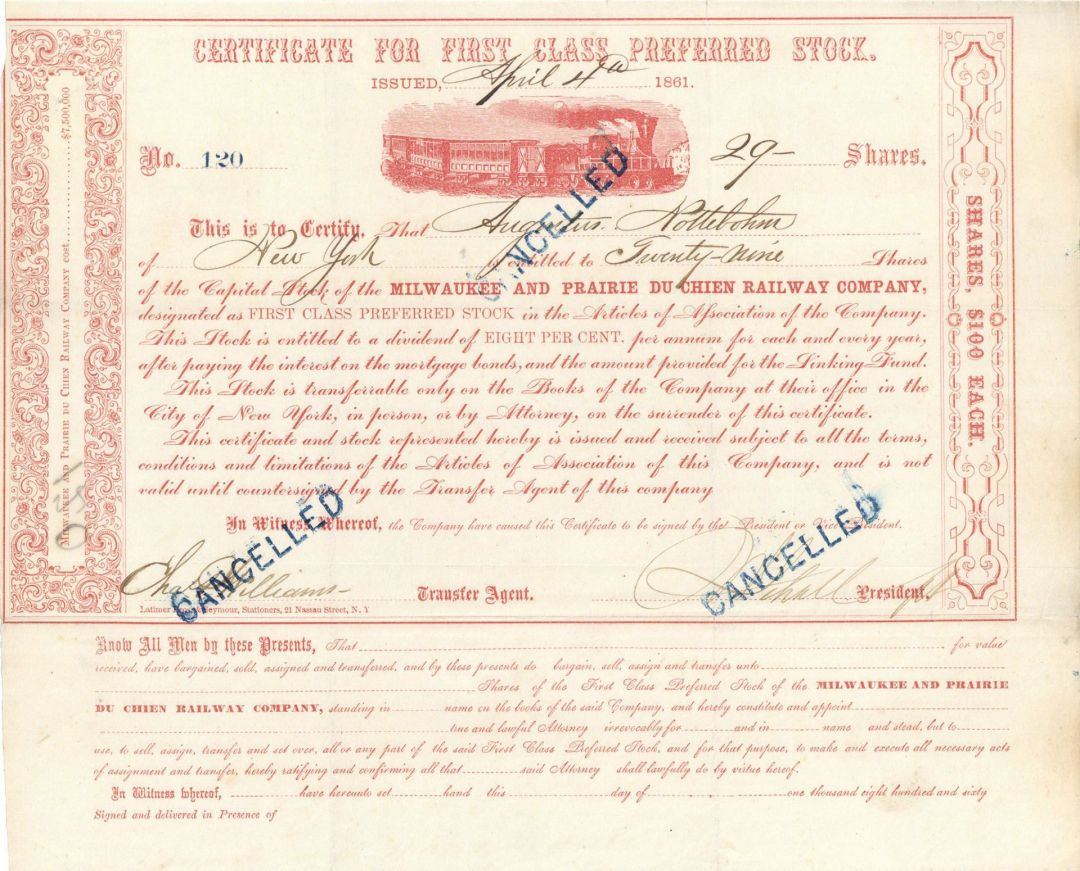 Milwaukee and Prairie Du Chien Railway Co. - Stock Certificate