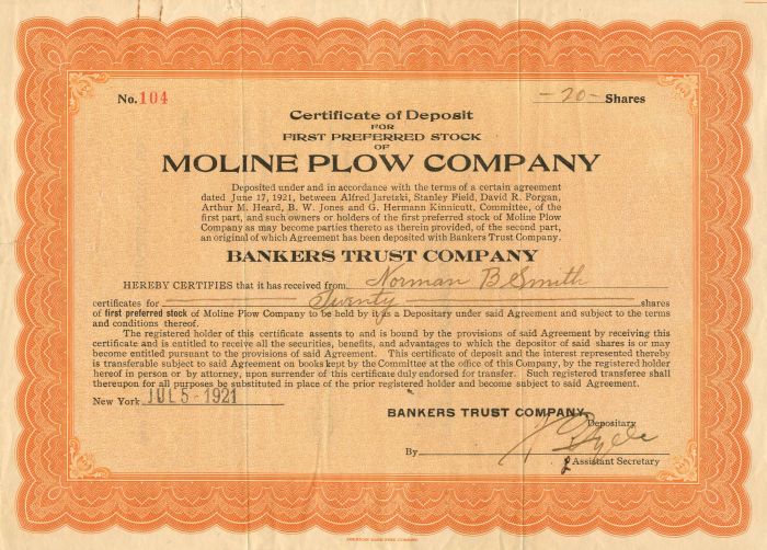 Moline Plow Co. - 1921 dated New York Stock Certificate