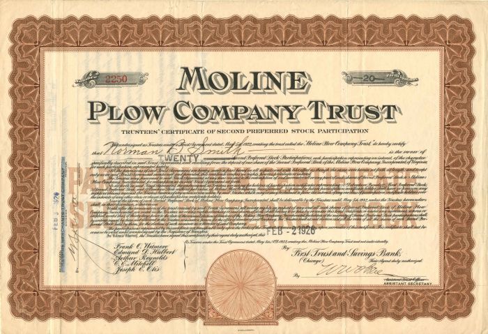 Moline Plow Co. Trust - Stock Certificate