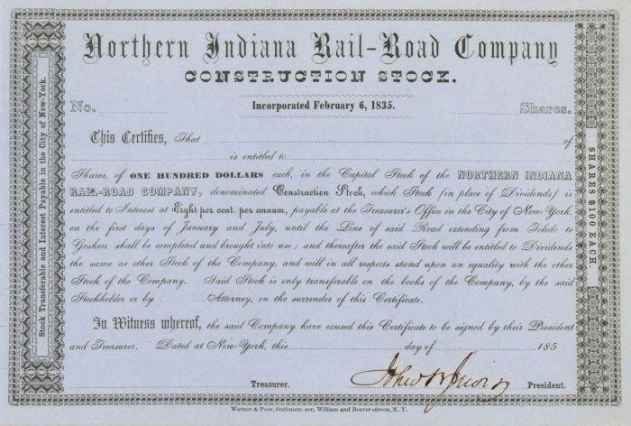 Stock Certificate Northern Indiana Railroad