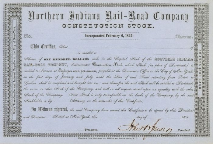 Northern Indiana Rail-Road Co. - Stock Certificate