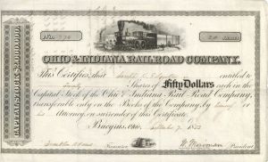 Ohio and Indiana Railroad Co. - 1852-1855 dated Stock Certificate