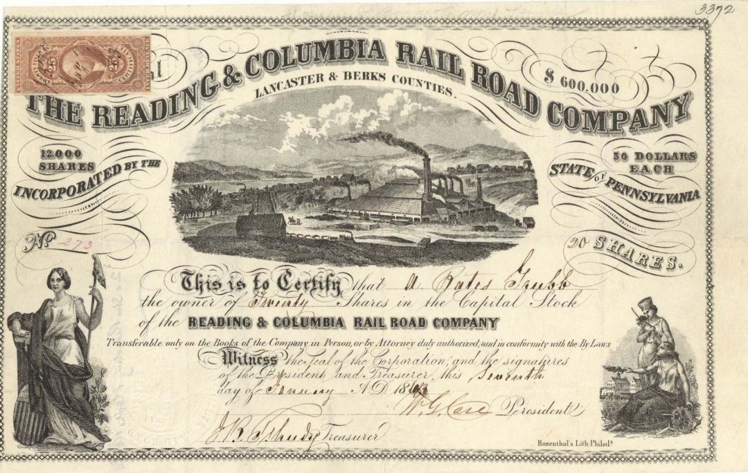 Reading and Columbia Rail Road Co. - 1863 dated Railway Stock Certificate