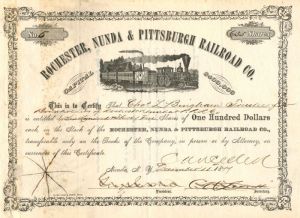 Rochester, Nunda and Pittsburgh Railroad Co. - Railway Stock Certificate