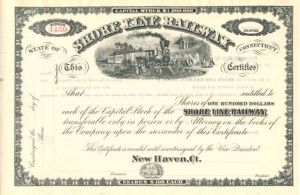 Shore Line Railway - 1870's-80's circa Unissued Railroad Stock Certificate - New Haven, Connecticut