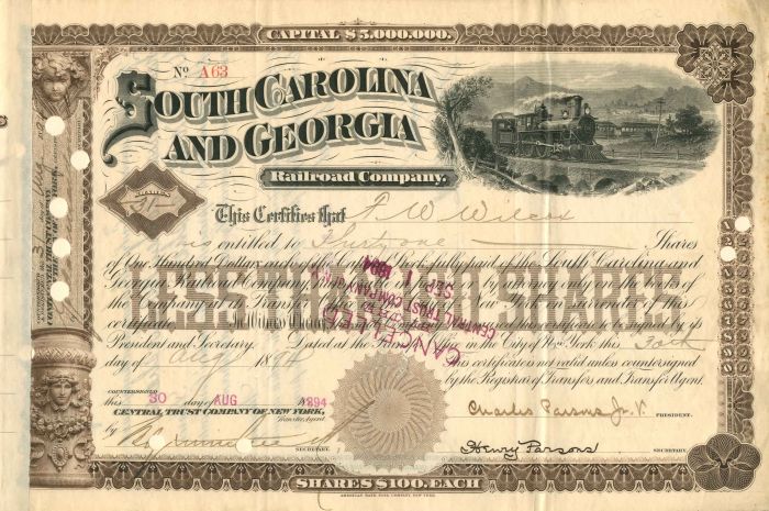 South Carolina and Georgia Railroad Co. - Stock Certificate