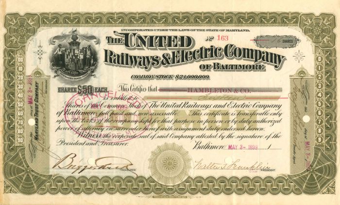 United Railways and Electric Co. of Baltimore - Stock Certificate