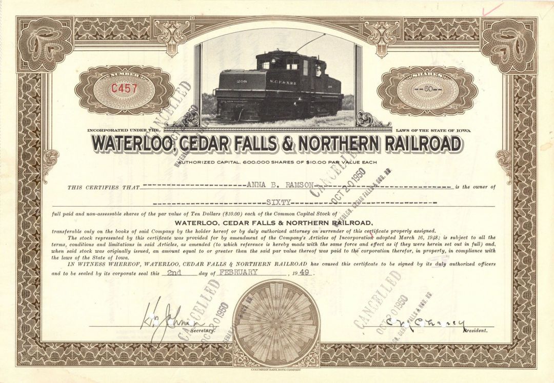 Waterloo, Cedar Falls and Northern Railroad - Stock Certificate