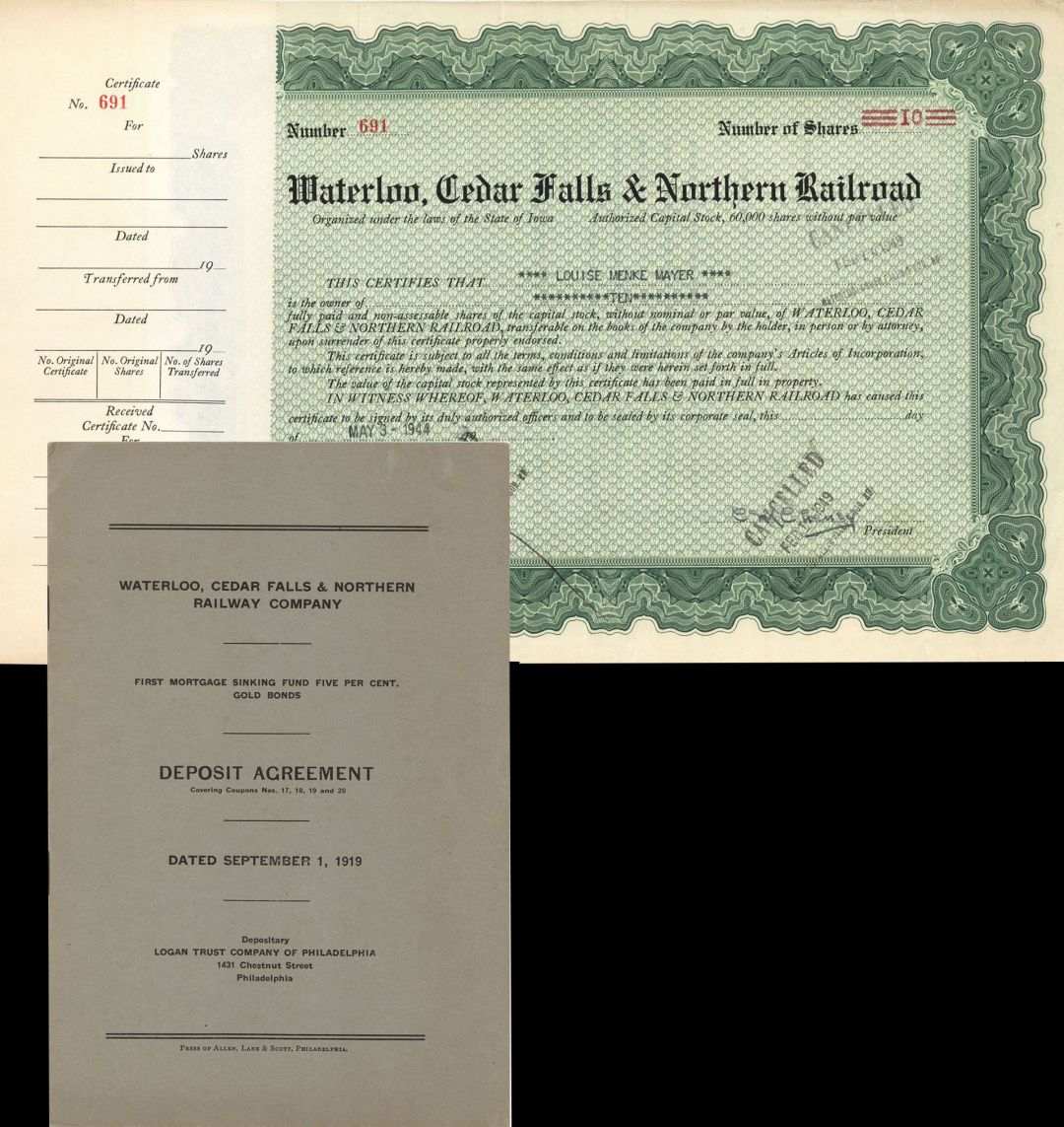 Waterloo, Cedar Falls and Northern Railroad - Stock Certificate and Deposit Agreement